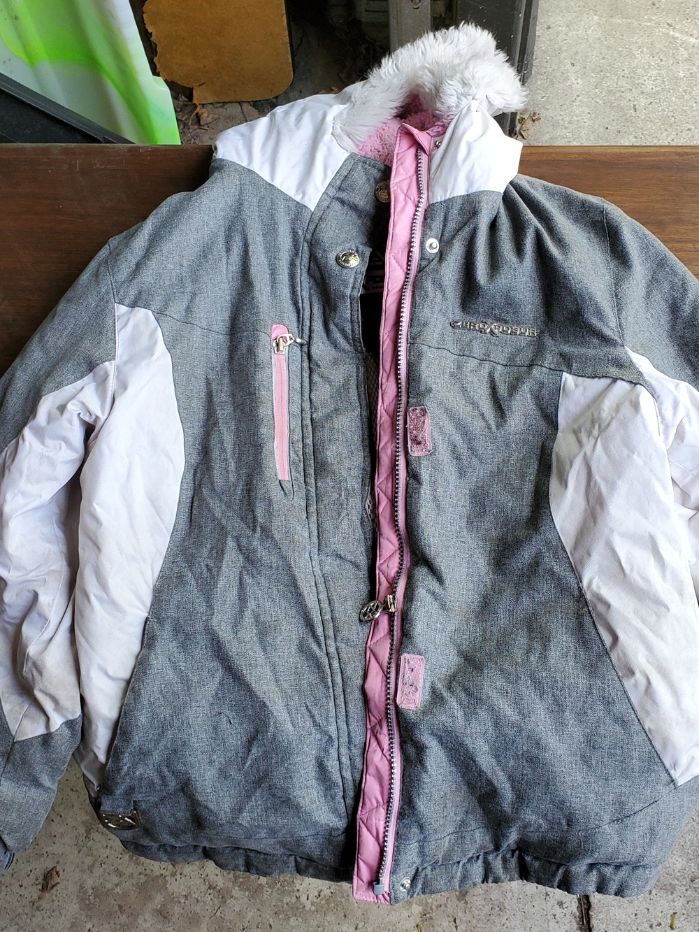 ZeroXposur Grey and Pink Kids Puffer Jacket with Faux Fur Trim